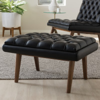 Baxton Studio BBT5273-Pine Black-Stool Annetha Mid-Century Modern Black Faux Leather Upholstered Walnut Finished Wood Ottoman